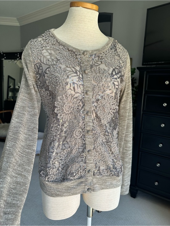 Anthropologie Sweaters - A'Reve Anthropologie taupe/gray sequin & lace cardigan, size large